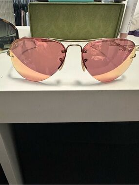 Ray-Ban Gold Frame Pink Gradient Rimless Aviator Sunglasses